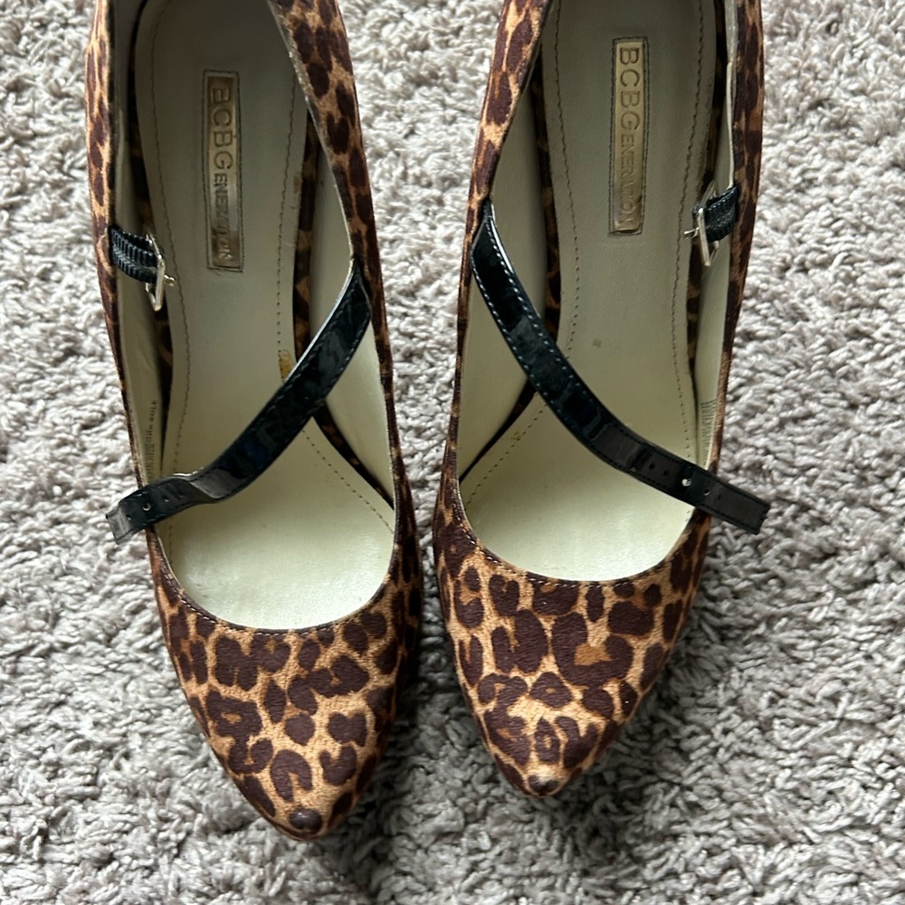 BCBG Leopard Print Heels with Black Strap